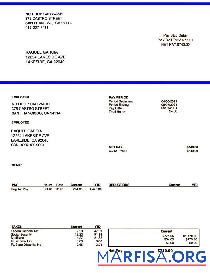 Blank NO DROP CAR WASH pay stubs sample